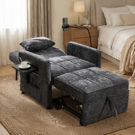 Sillón cama 2 en 1 de chenilla gris oscuro con mesa y bolsillos (1/5)