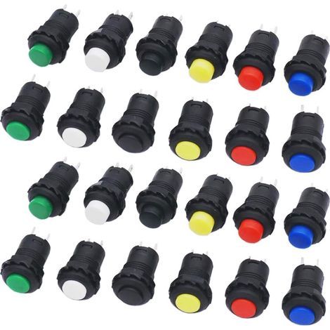 24 Stück 12-mm-Drucktaster mit Verriegelung, selbstverriegelnde Ein-/Aus-Drucktaster, Drucktasterschalter, Mini-Drucktasterschalter, rund, rot/grün/gelb/blau/schwarz/weiß (1/5)