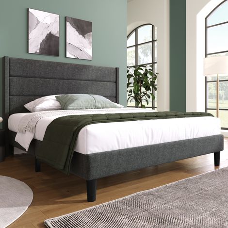 Cama tapizada de lino gris oscuro 140x200 cm con cabecero acolchado y somier de láminas incluido (1/5)