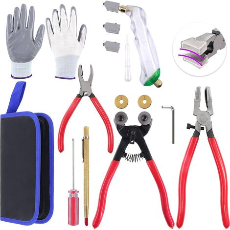 Kit de 10 outils de coupe de verre, pince à carrelage à roues en mosaïque de verre, pince à coudre, pince à épiler en carbure de tungstène, coupe-verre à alimentation en huile, gants, sac (1/5)