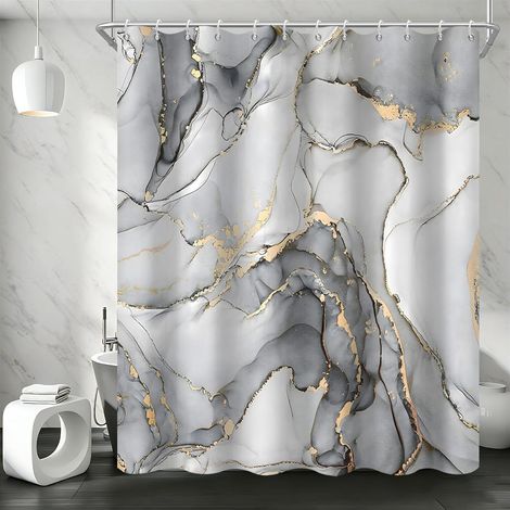 Rideau de Douche, 120x180cm, Ombre Gris avec Or Art Abstrait Moderne Marbre Tissu Imperméable Rideau de Salle de Bain Lavable en Machine avec Crochets (1/5)