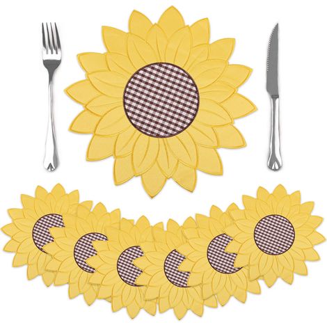 Lot de 6 Sets de Table Rond Tournesol Brodée, 35 cm sous Assiette de Table Fleur Printemps Rustique, Dessous Assiette Lavable Absorbant pour Cuisine, Salle à Manger, Fêtes, Décoration (1/5)