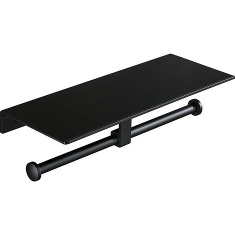 Porte Rouleau de Papier Toilette Hygiénique Sans Perage avec Etagère de Téléphone Portable Support Mural Double pour Salle de Bains (Noir) (1/4)