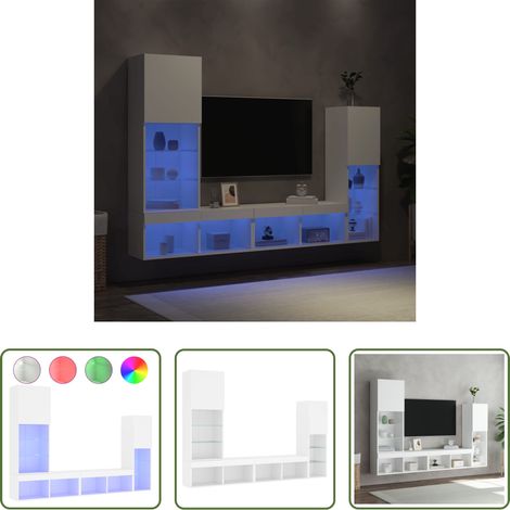 Meuble TV - Unités murales TV avec LED 4 pcs blanc bois d'ingénierie (1/5)