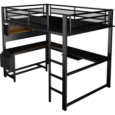 Lit mezzanine gaming 140 x 200 cm avec bureau, rangement, éclairage LED et station de charge, noir (1/5)