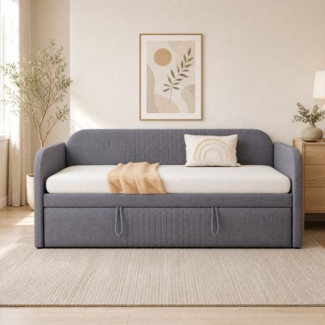 Sofá cama extensible 90x190/180x190 cm gris en lino con somier de láminas (1/5)