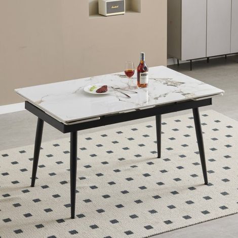 Tavolo allungabile Expandia con piano in ceramica e allunghe laterali effetto marmo bianco e gambe in metallo nero