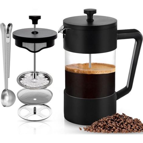 Cafetière à piston French press 1000ml (5 tasses) - Triple filtre inox, verre borosilicate, cafetière/théière noir (1/5)