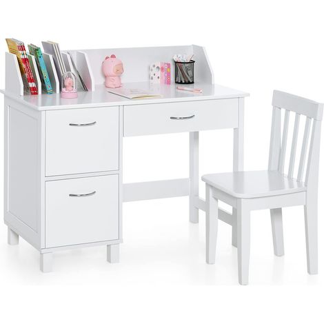 COSTWAY Kinderschreibtisch Set mit Stuhl, Schublade und Aufbewahrungsschrank, Kindersitzgruppe Holz, Schülerschreibtisch Set Weiss (1/5)