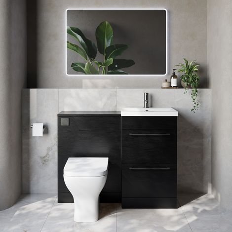 Napoli 390 Cento Nero Oak 1100mm 2 Drawer Vanity Unit Toilet Suite with Glide Basin - 1100mm - Gunmetal Grey 320mm HandleWith Kingston Toilet Pan and Seat
