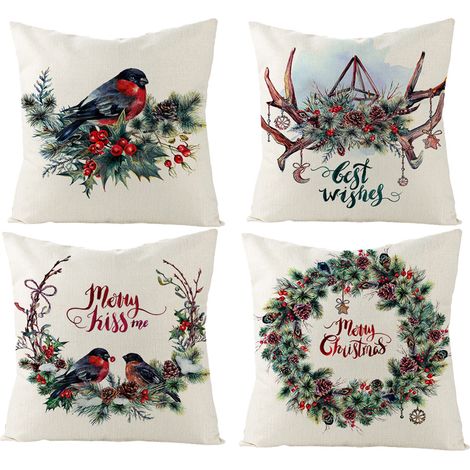 Lot de 4 Housses de coussin, Coton lin, Fermeture éclair invisible, Impression numérique, Décoration Noël Salon Jardin (1/5)