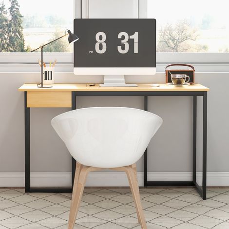 Bureau d'Ordinateur 120CM Tiroir Cadre en Métal Repose-pieds Réglables Bureau Moderne Station de Travail pour Ordinateur Portable Naturel Maison Chic (1/4)
