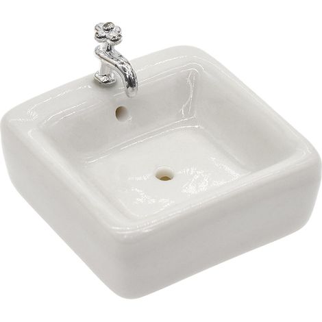 Évier en céramique à l'échelle 1:12 avec robinet amovible – Accessoires de salle de bain et de cuisine miniature pour décoration de style victorien, meubles de maison de poupée réalistes (1/5)