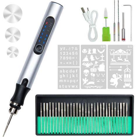 Stylo de Gravure Électrique avec 36 Bits– Graveur Rotatif Rechargeable USB sans Fil, Mini Outil de Gravure Portable pour Métal, Bois, Verre, Plastique, Bijoux et Pierre (Argenté) (1/5)