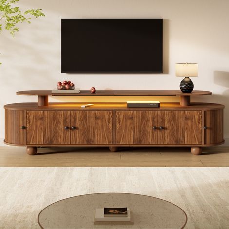 Meuble tv 180x40x48cm double plateau 4 portes centrales 2 portes coulissantes led - mdf - noyer (1/5)