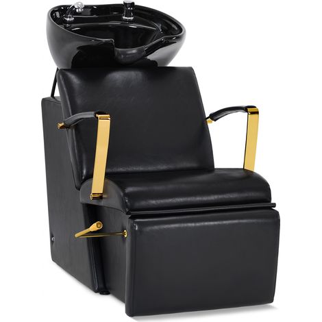 BarberPub Friseurstuhl mit Waschbecken, Klappbare Beinstütze, Friseurwaschbecken aus Keramik Verstellbar, Friseurwaschsesse, Waschplatz 8670 (Schwarz-Gold/Kunstleder)