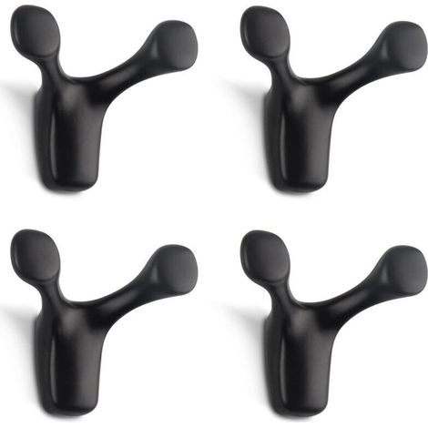 Lot de 4 crochets muraux doubles, robustes, en alliage de zinc massif, en forme de bois de cerf, pour salle de bain, chambre, cuisine, vis incluses (noir mat) (1/5)