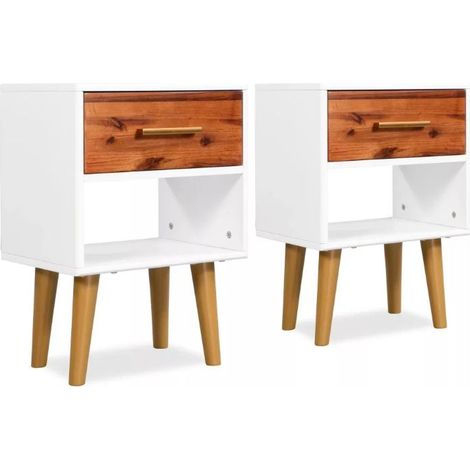 Table de chevet 1 tiroir et 1 niche acacia massif foncé et blanc Soken - Lot de 2 (1/4)