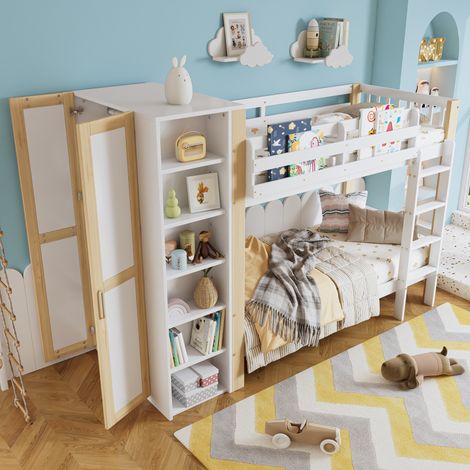 Letto a castello 90x200 cm, Armadio laterale, 6 scaffali, Scala a 4 gradini, Pratico, Legno e MDF, Bianco(Senza materasso)