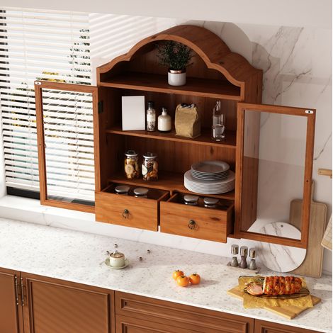Meuble mural rétro en bois et verre trempé, 60 x 22 x 76,5 cm, brun, avec tiroirs (1/5)