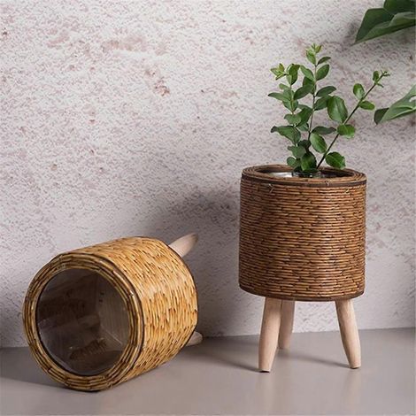 Étagère à fleurs vintage en rotin tressé, panier de rangement fait main avec pieds en bois, support pour pot de fleurs, A (1/5)