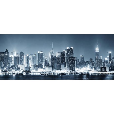 Tableau bleu et blanc grande ville américaine | Tableau sur toile New York vue de nuit pour chambre | Tableau salon gratte-ciel illuminé - 1,0 x 0,4 m (1/2)
