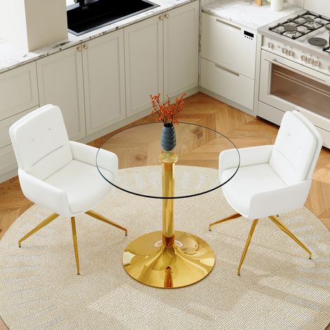 Set tavolo con 2 sedie da pranzo 85x85x76 cm, vetro temperato, sedie girevoli 360°, metallo, bianco e oro (1/5)