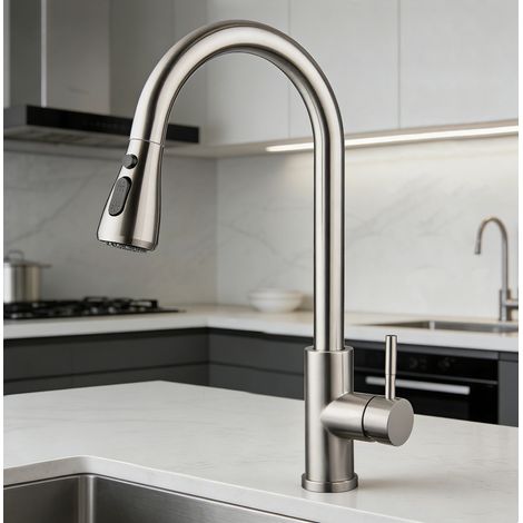 Oraymin - Mitigeur Cuisine avec Douchette Extractible Robinet de Cuisine en Acier Inox 304 Brossé Robinet d'Évier pour Cuisine Rotatif à 360° Mitigeur Evier Cuisine 2 Modes avec Valve WANHAI (1/5)