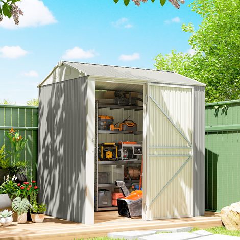 Caseta de jardín de acero de 3,51 m² de altura con rejillas de ventilación y puerta con cerradura, 209 x 177 x 236 cm, color plata. (1/5)