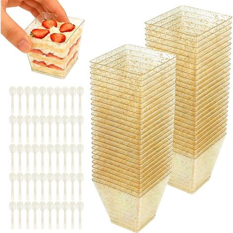 Dessertbecher, 50 Stück, 70 ml, quadratische Eisbecher mit Löffeln, wiederverwendbare Dessertbecher aus Kunststoff für Mousse, Eiscreme, Tiramisu (1/4)