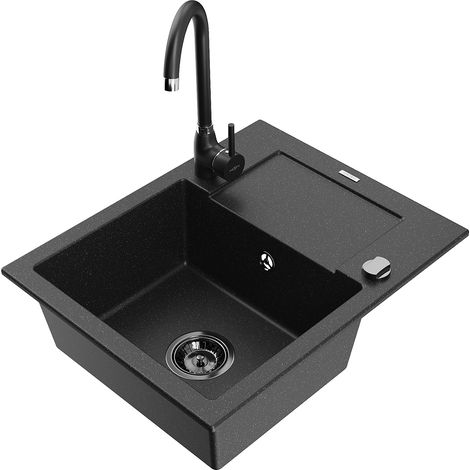 Mexen Enzo lavello in granito 1-vasca con scolapiatti e rubinetto da cucina Telma, nero/argento - 6506-73-670200-70-B (1/5)