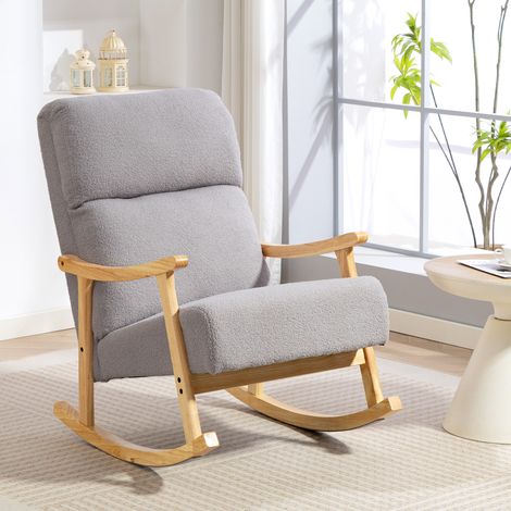Silla Mecedora de Borreguito con Patas y Reposabrazos de Madera de Caucho Mecedora Carga 120 kg Gris Claro (1/5)
