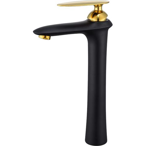 Eine Einloch-Waschtischarmatur mit künstlerischem Flair, die sich durch einen Korpus aus Messing, ein modernes Badezimmerdesign und ein schwarz-goldenes Farbschema auszeichnet.