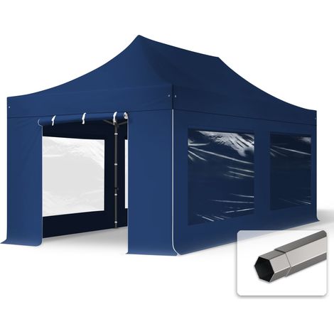3x6 m Faltpavillon, PREMIUM Stahl 40mm, Seitenteile mit Panoramafenstern, blau