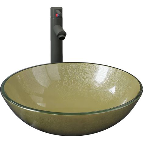 Lavabo de bain avec robinet et drain à poussoir vasque à poser de toilette lave-mains de salle de bain lavabo de salle d'eau diamètre 42 cm verre trempé