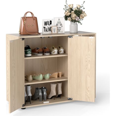 COSTWAY 3-Tier Shoe Storage Rack Shoe Cabinet with Doors-Natural (1/5)