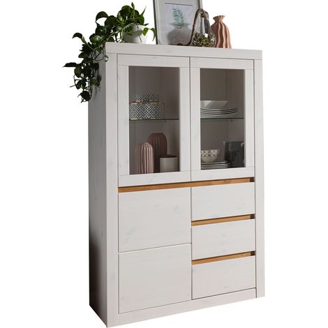 Wohnzimmer Highboard Massivholz WILSON-69 in Kiefer massiv weiß, B/H/T: ca. 94,5/150/42 cm (1/5)