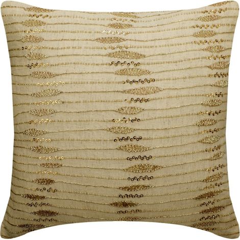 Fundas de almohada de lino de 30 x 30 cm (12 x 12 pulgadas), en color beige y dorado, adornadas con bordados Zardozi, de estilo abstracto moderno, ideales para tapizar sofás.