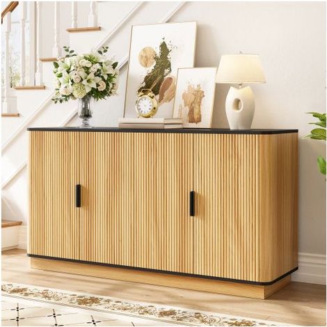 Buffet 133x40x75cm 4 portes effet bois naturel - Buffet salon - Design rainuré, poignées en aluminium, charnières silencieuses (1/5)