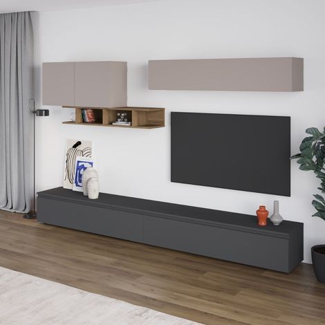 Parete attrezzata colore antracite e tortora con particolari noce 300 cm - Monica (1/5)