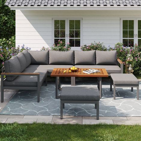 Conjunto de jardín de metal y poliéster gris oscuro para 7-8 plazas con 3 sofás dobles, 2 asientos individuales y mesa (1/5)