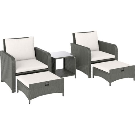 Stylish 5-Piece Rattan Outdoor Furniture Set with 2-Tier Coffee Table and Ottomans in Cream White (1/5)