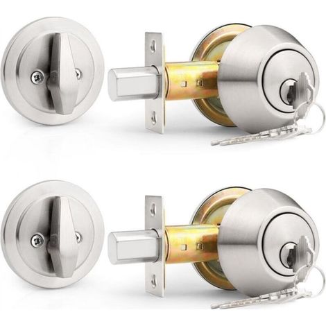 Side-lock security cylinder with brushed satin nickel key and key handle, 2 pieces (1/5)