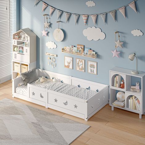 90×200lit montessori,lit au sol enfant,lit au sol,lit bébé en bois massif de pin, design étoiles et lune, lit au sol sécurisé, peinture à base d’eau sans odeur (1/5)