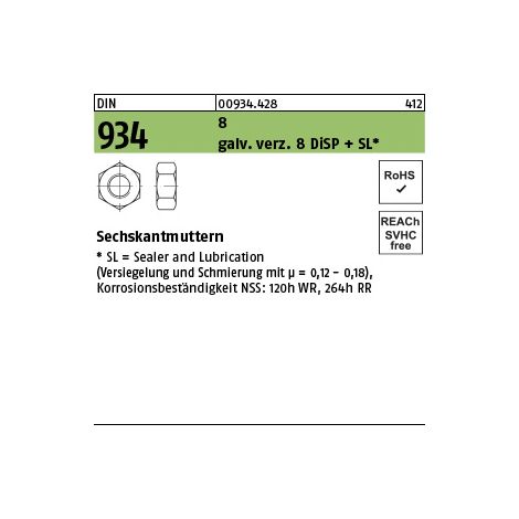 DIN 934 Sechskantmutter 8 M 10 gal Zn 8 DiSP + SL gal ZnDi 500 Stk (1/3)
