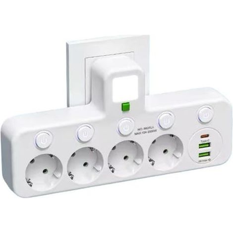 Multiprise Murale avec 4 Prises EU, 2 Ports USB, 1 Port Type-C, Interrupteurs Individuels (4p + USB Blanc) (1/4)
