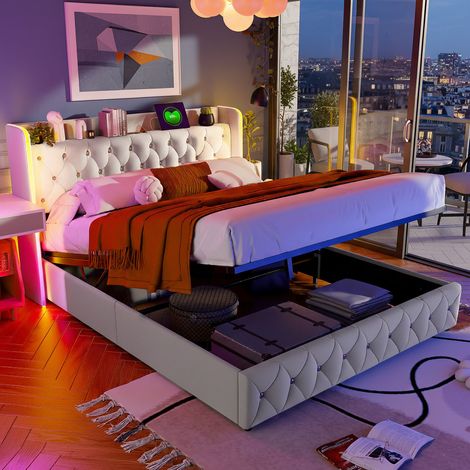 Lit coffre 160x200 cm, avec lumières LED et ports USB, lit double capitonné avec rangement et tête de lit confortable, pour adultes et adolescents, velours élégant, beige (1/5)