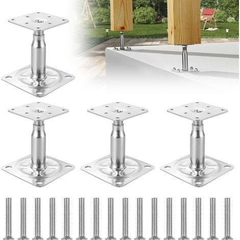 Pied de Poteau Reglable en Hauteur 100-130 mm, 4 pièces Support de poteau réglable vec 16 vis galvanisées pour clôtures, abris, abris de voiture, pergolas, travaux de (1/5)