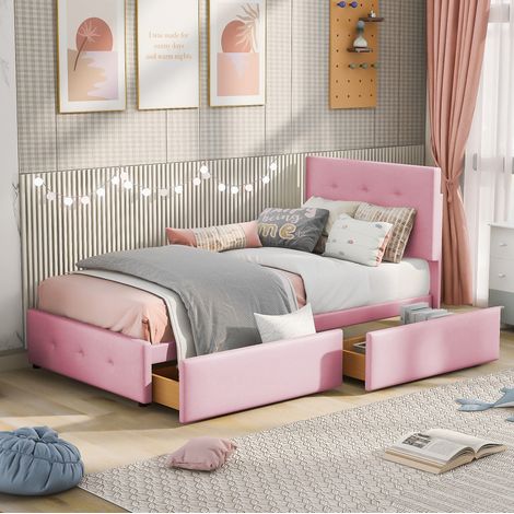 Cama tapizada con cajón y somier 90x200 rosa OKMYHOME (1/5)