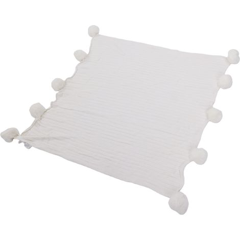 Plaid blanc 90x90cm en coton tricoté à pompons pour canapé, lit, voiture, camping (1/5)